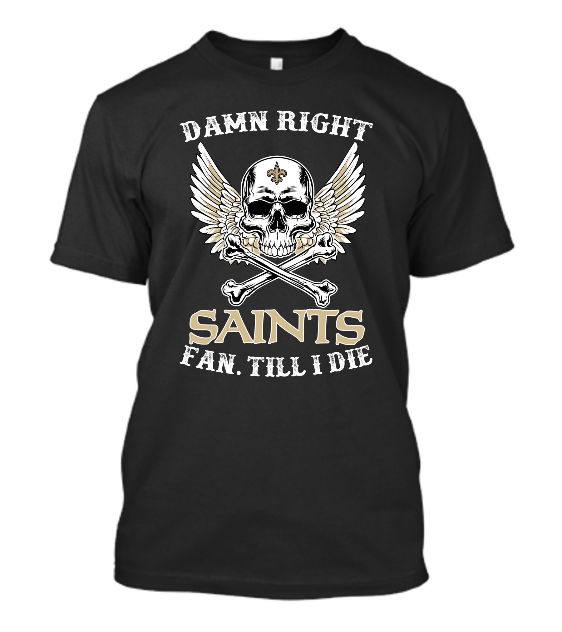 Damn Right Saints Fan Till I Die Skull Wings Fleur-de-Lis T-Shirt