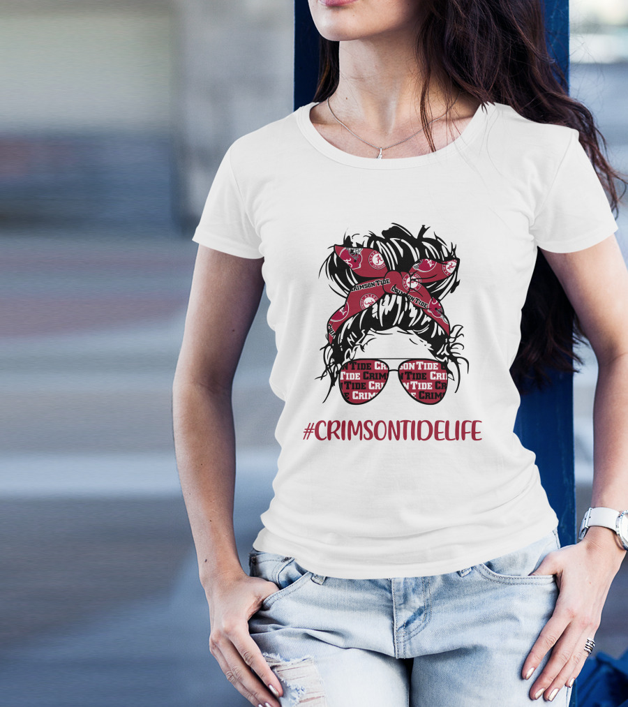 Crimson Tide Life Messy Bun Headband Glasses Alabama T-Shirt