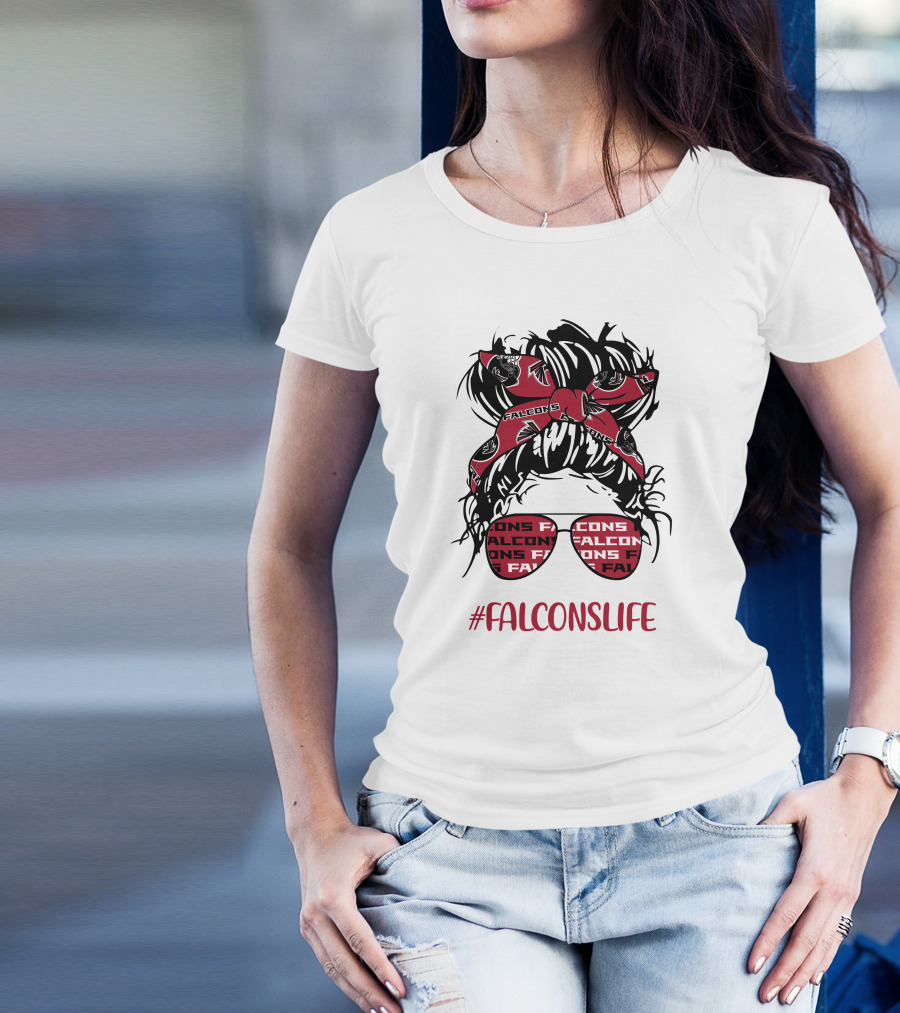Atlanta Falcons Life Messy Bun Girl With Falcon Headband Glasses T-Shirt
