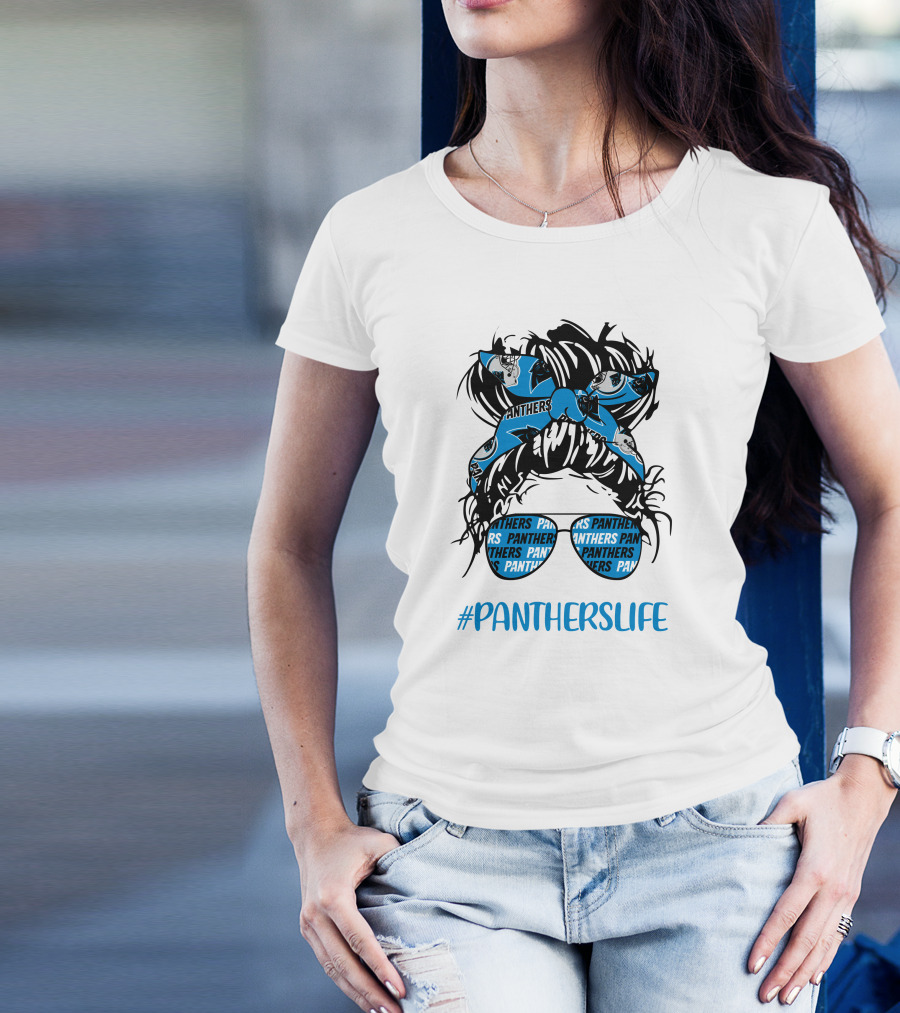 PanthersLife Messy Bun Girl With Panthers Headband And Glasses T-Shirt