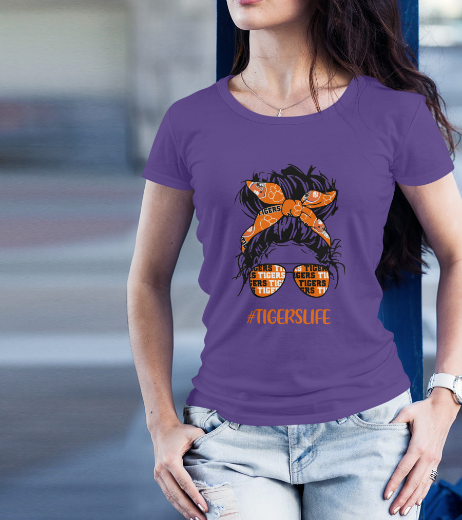 TigersLife Clemson Tigers Messy Bun Girl With Headband And Glasses T-Shirt