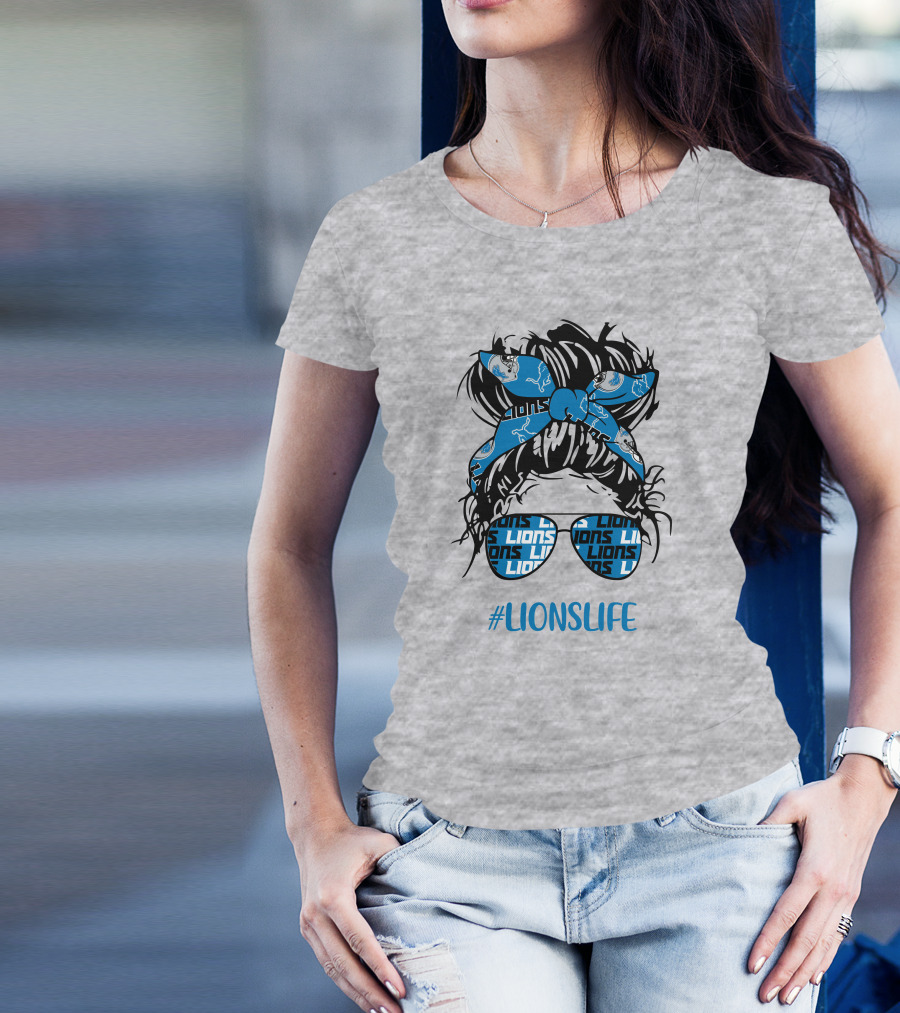 Detroit Lions Life Messy Bun Girl With Lions Headband And #LIONSLIFE Glasses T-Shirt