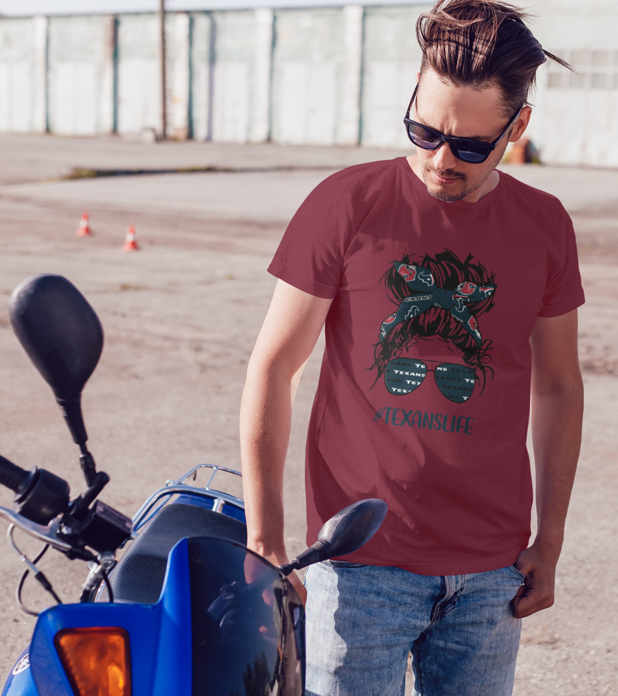 Houston Texans Hashtag Texanslife Messy Bun Headband Glasses T-Shirt