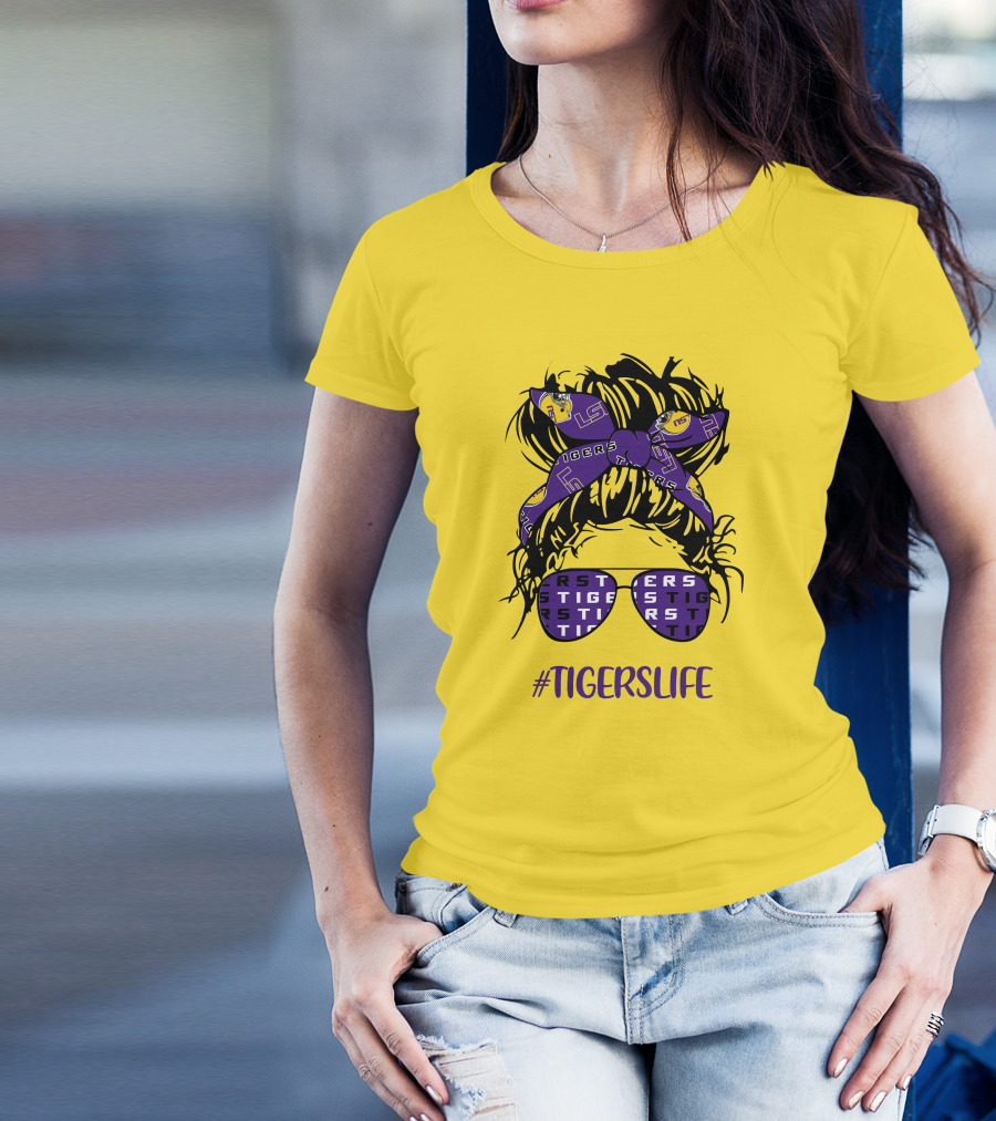 TIGERSLIFE LSU Messy Bun Girl Headband Glasses T-Shirt