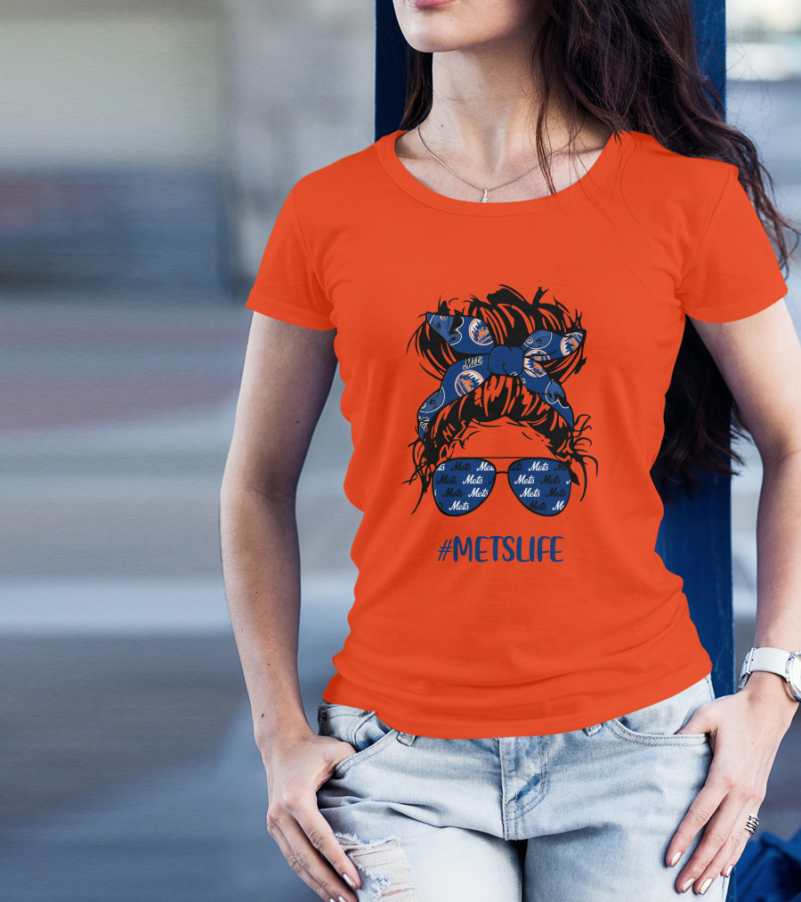 New York Mets Life Messy Bun Girl Headband Glasses #MetsLife T-Shirt