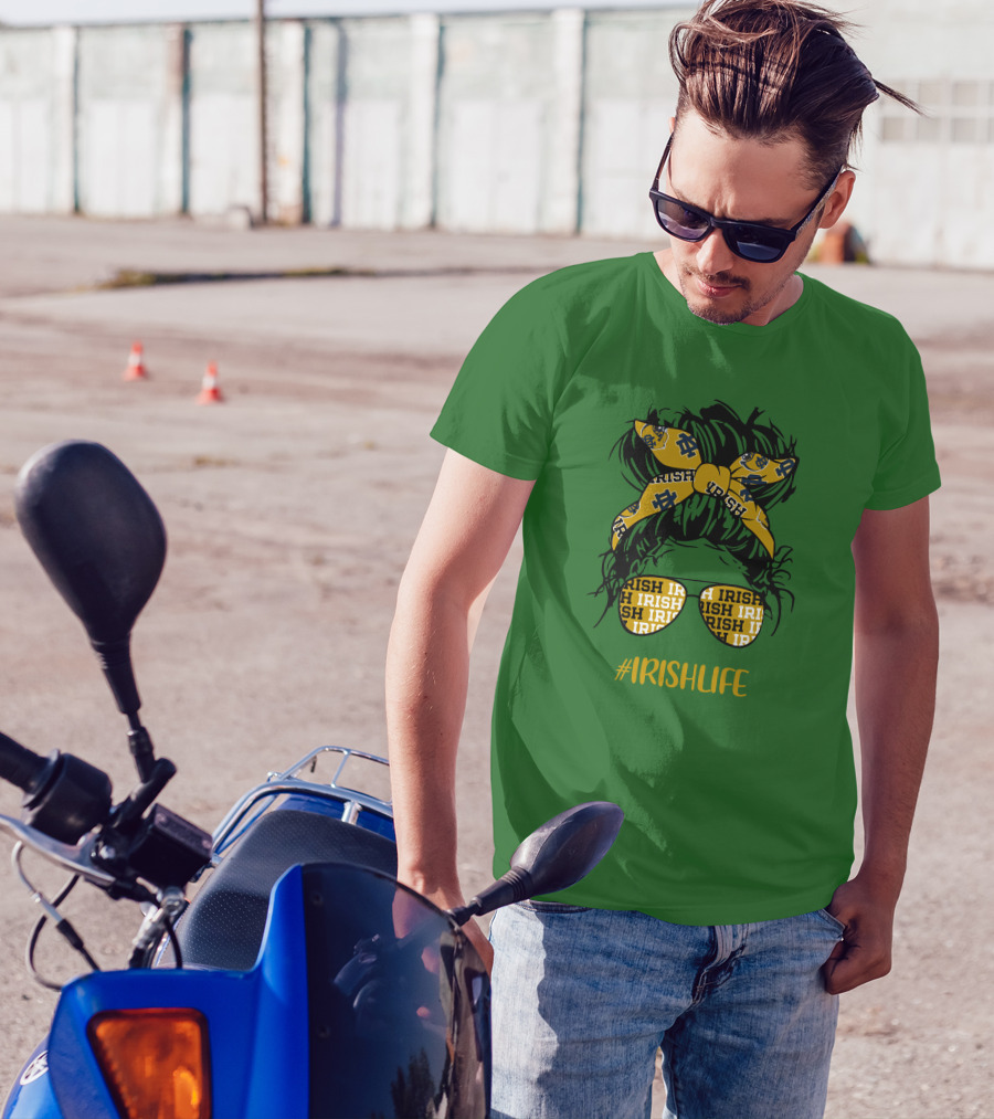 Notre Dame Fighting Irish Life Messy Bun Girl Headband Glasses #IrishLife T-Shirt