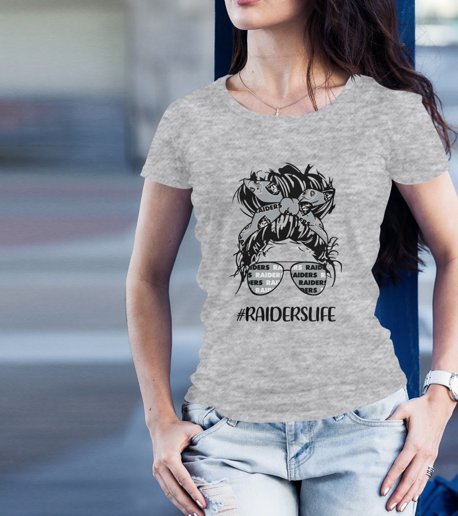 Raiderslife Messy Bun Girl With Raiders Headband Glasses Las Vegas Raiders T-Shirt