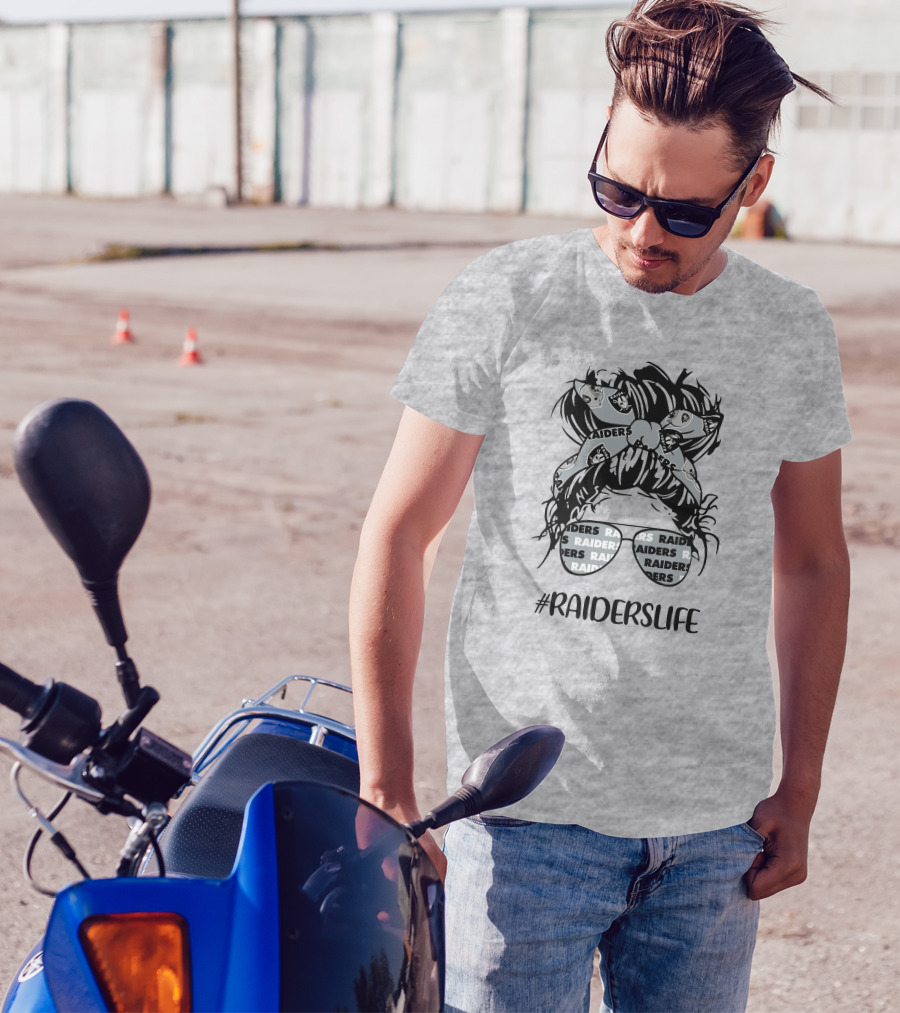 Raiderslife Messy Bun Girl With Raiders Headband Glasses Las Vegas Raiders T-Shirt