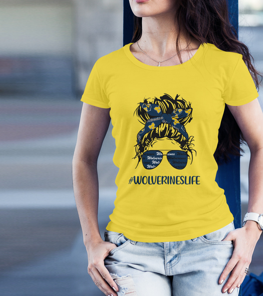 Michigan Wolverines Life Messy Bun Girl Headband Glasses Wolverines T-Shirt