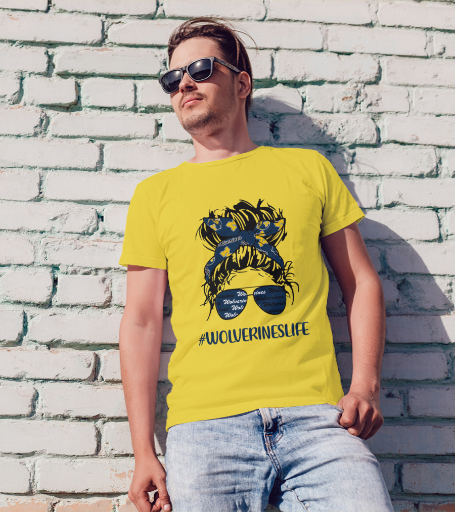 Michigan Wolverines Life Messy Bun Girl Headband Glasses Wolverines T-Shirt