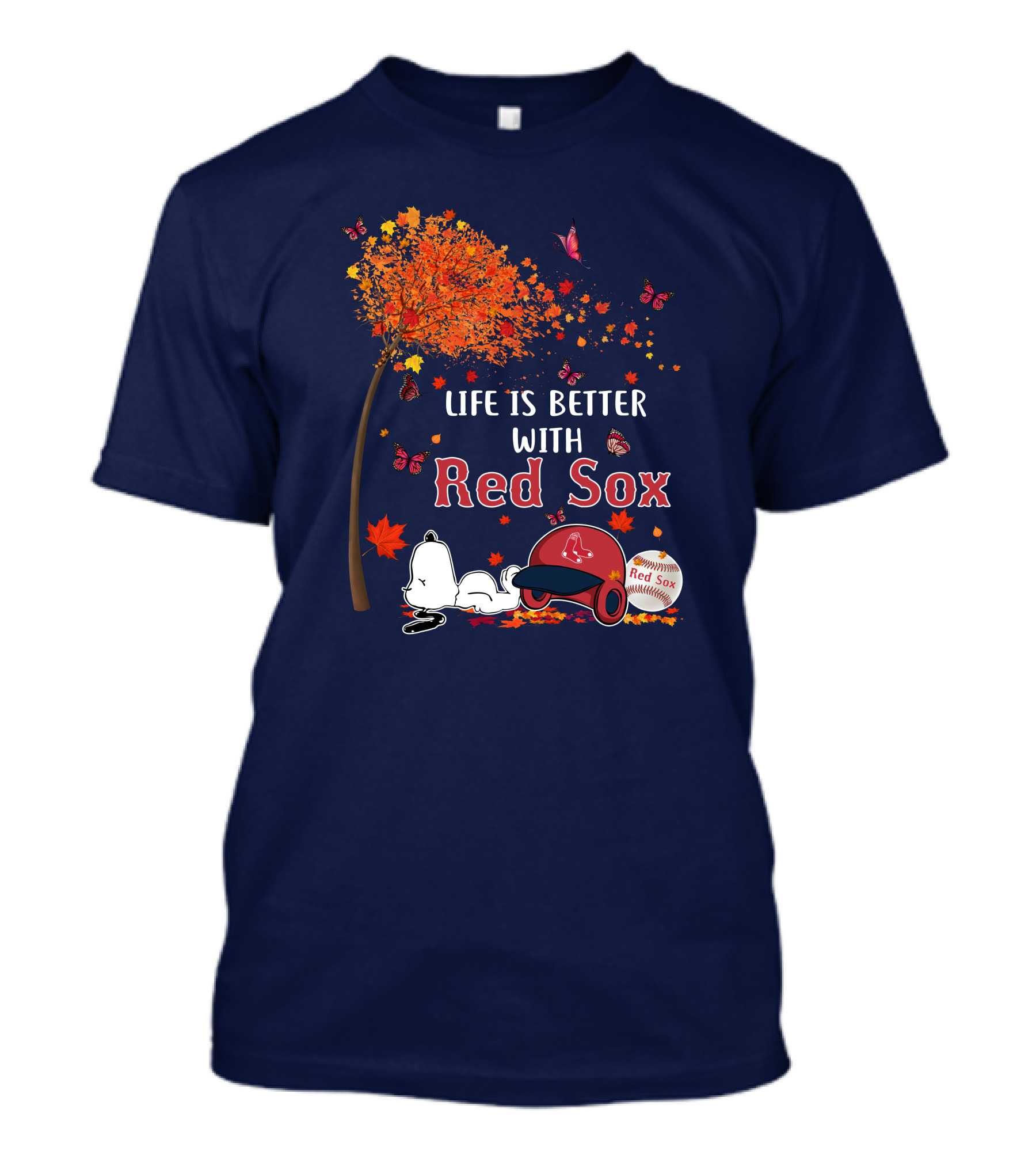 Life Is Better With Red Sox Tree Butterflies Baseball T-Shirt