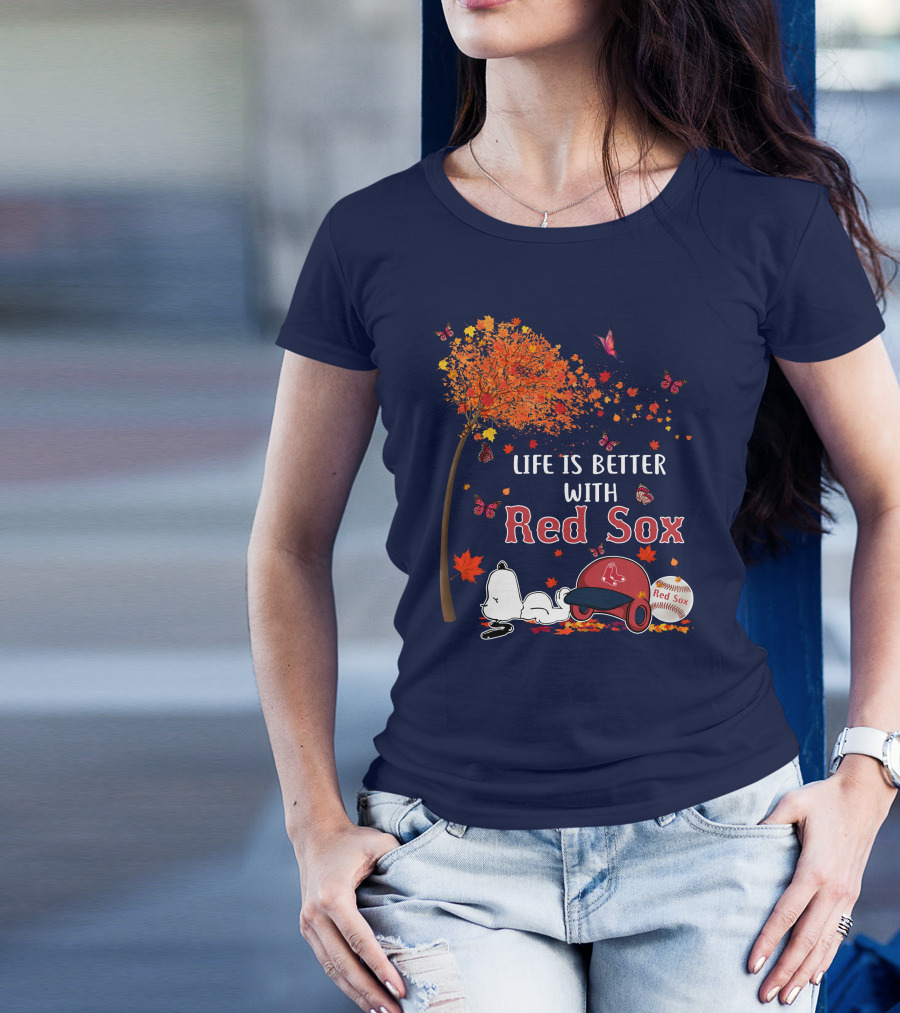 Life Is Better With Red Sox Tree Butterflies Baseball T-Shirt