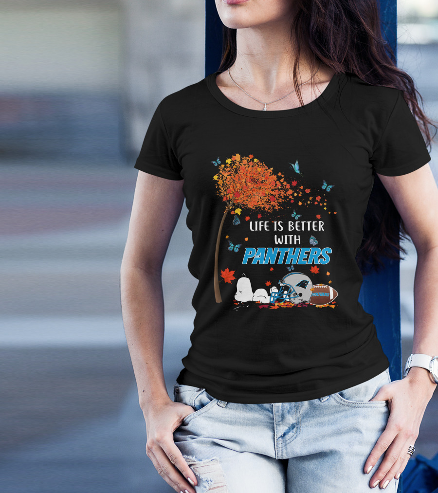 Life Is Better With Panthers Carolina Football Helmet And Autumn Leaves T-Shirt