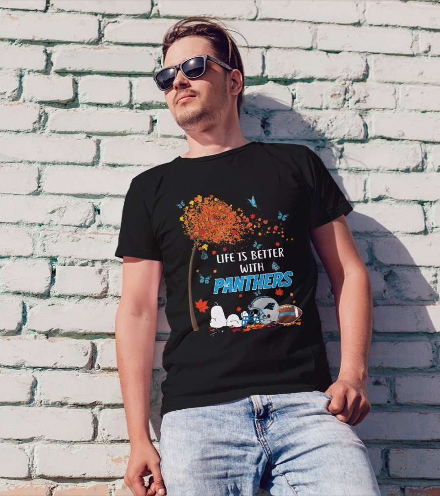 Life Is Better With Panthers Carolina Football Helmet And Autumn Leaves T-Shirt