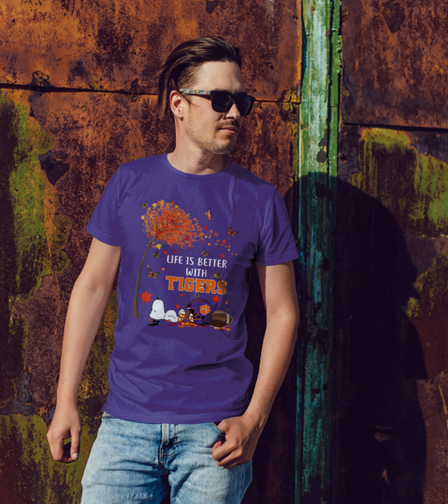 Life Is Better With Tigers Autumn Tree Snoopy Football Helmet Butterflies T-Shirt