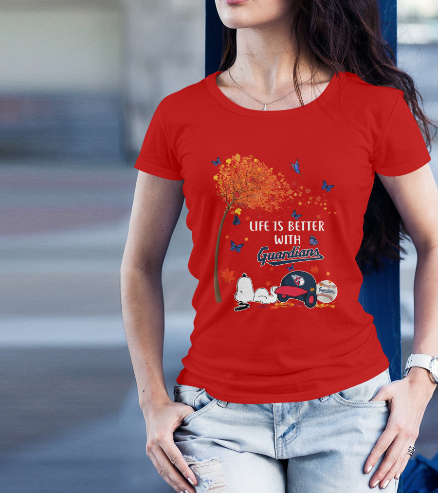Life Is Better With Guardians Cleveland Guardians Baseball Autumn Tree Snoopy And Butterflies T-Shirt