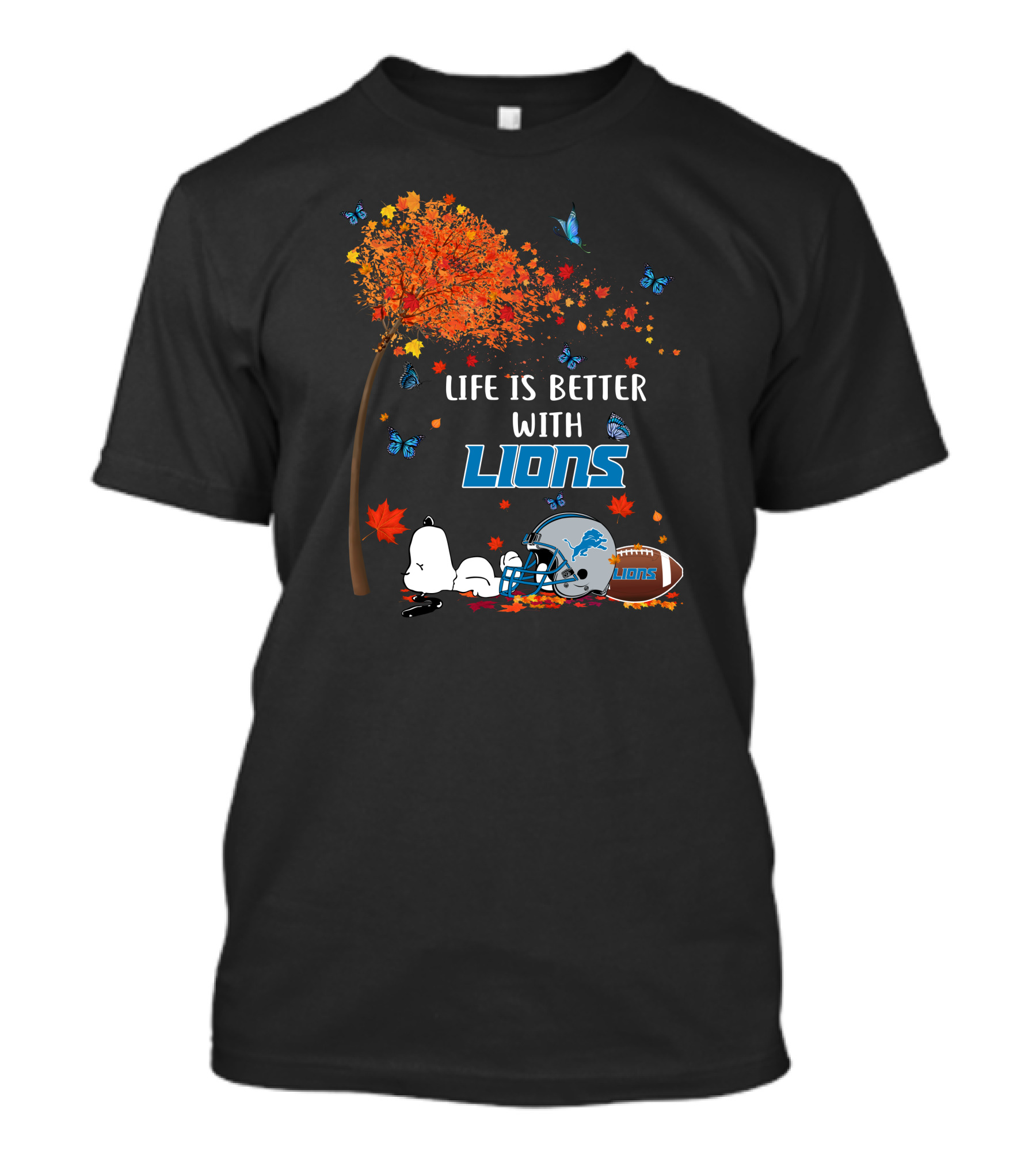 Life Is Better With Detroit Lions Autumn Leaves Football Helmet Snoopy Woodstock T-Shirt