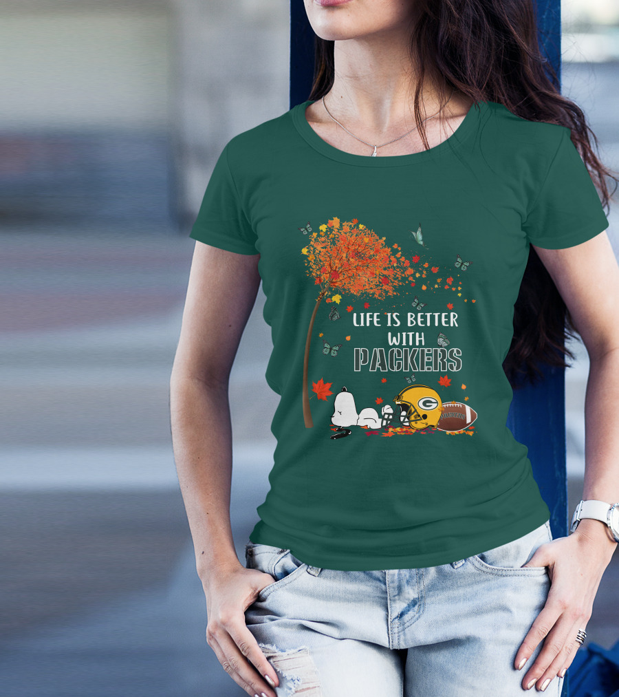 Life Is Better With Packers Green Bay Football Autumn Snoopy Leaves T-Shirt