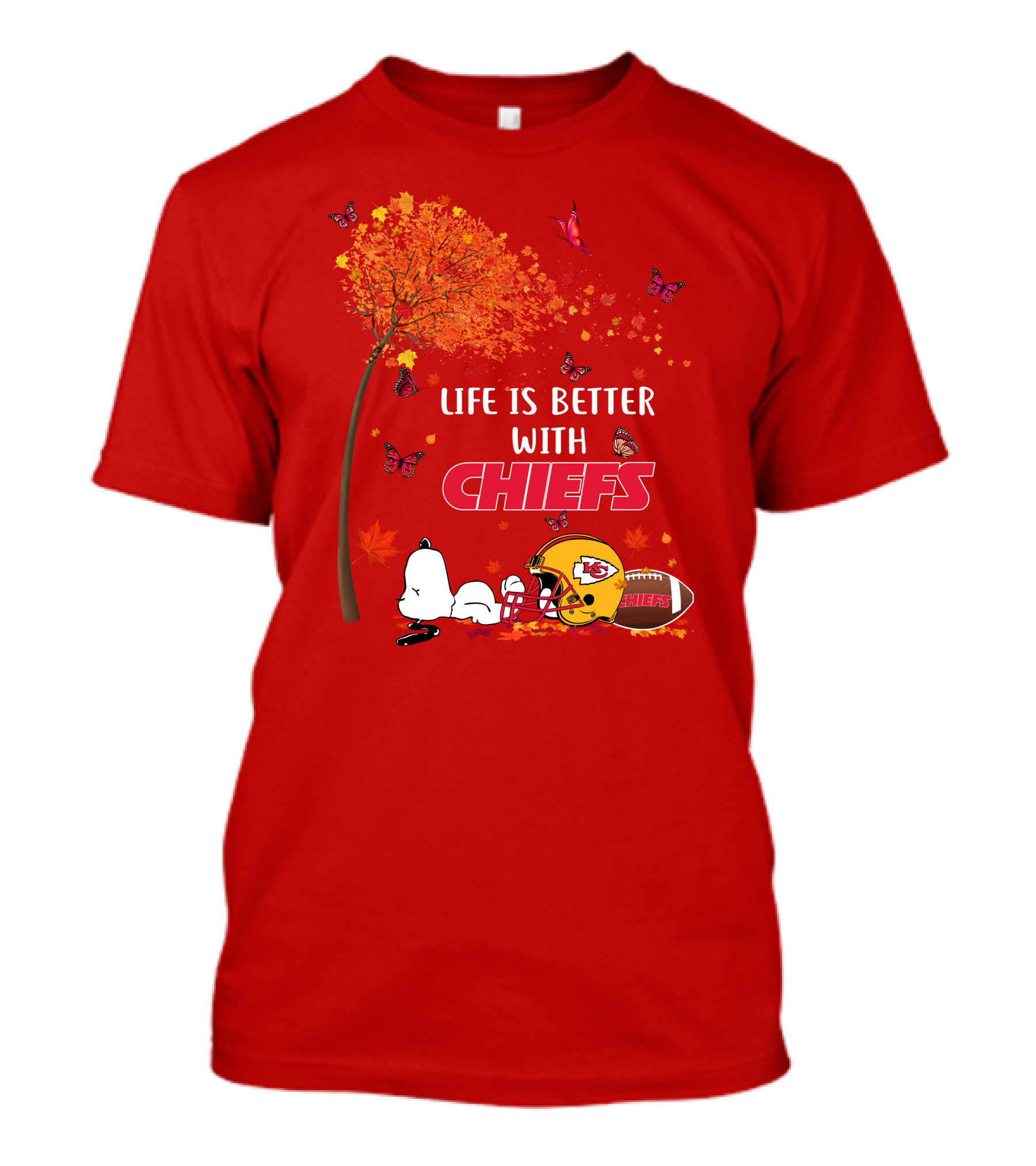 Life Is Better With Chiefs Fall Football Theme Snoopy And Butterflies T-Shirt