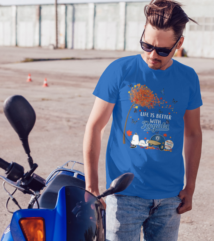 Life Is Better With Royals Baseball Helmet Autumn Leaves Snoopy And Butterfly T-Shirt