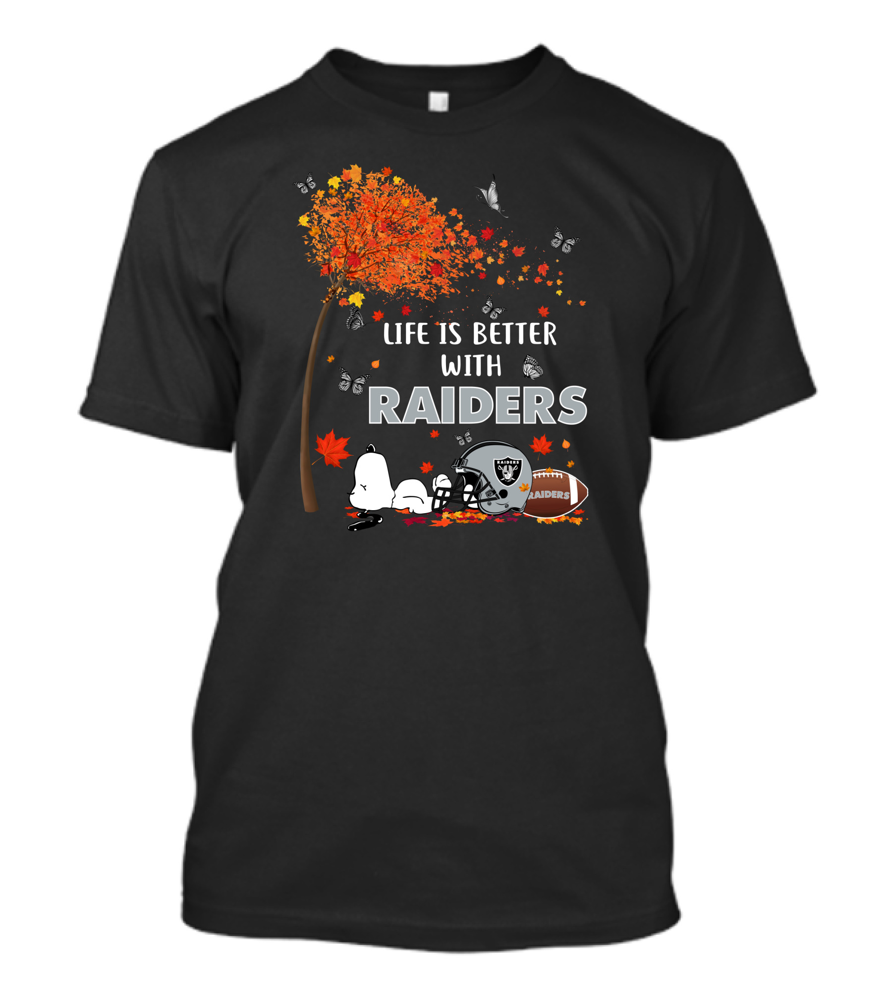 Life Is Better With Raiders Autumn Leaves And Snoopy Under Tree With Butterfly And Football Helmet T-Shirt