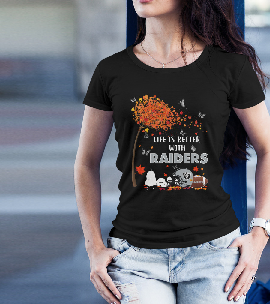Life Is Better With Raiders Autumn Leaves And Snoopy Under Tree With Butterfly And Football Helmet T-Shirt