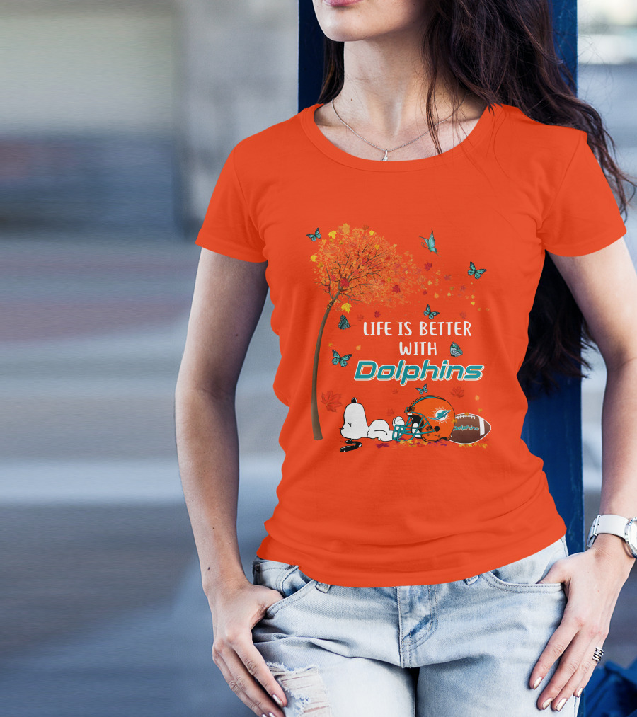 Life Is Better With Dolphins Miami Football Autumn Tree Snoopy Butterflies T-Shirt