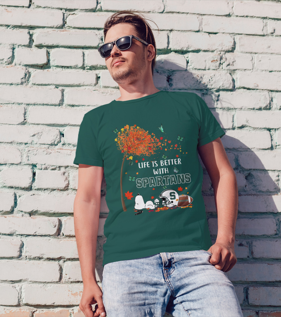 Life Is Better With Spartans Michigan State Football Autumn Leaves Butterflies T-Shirt