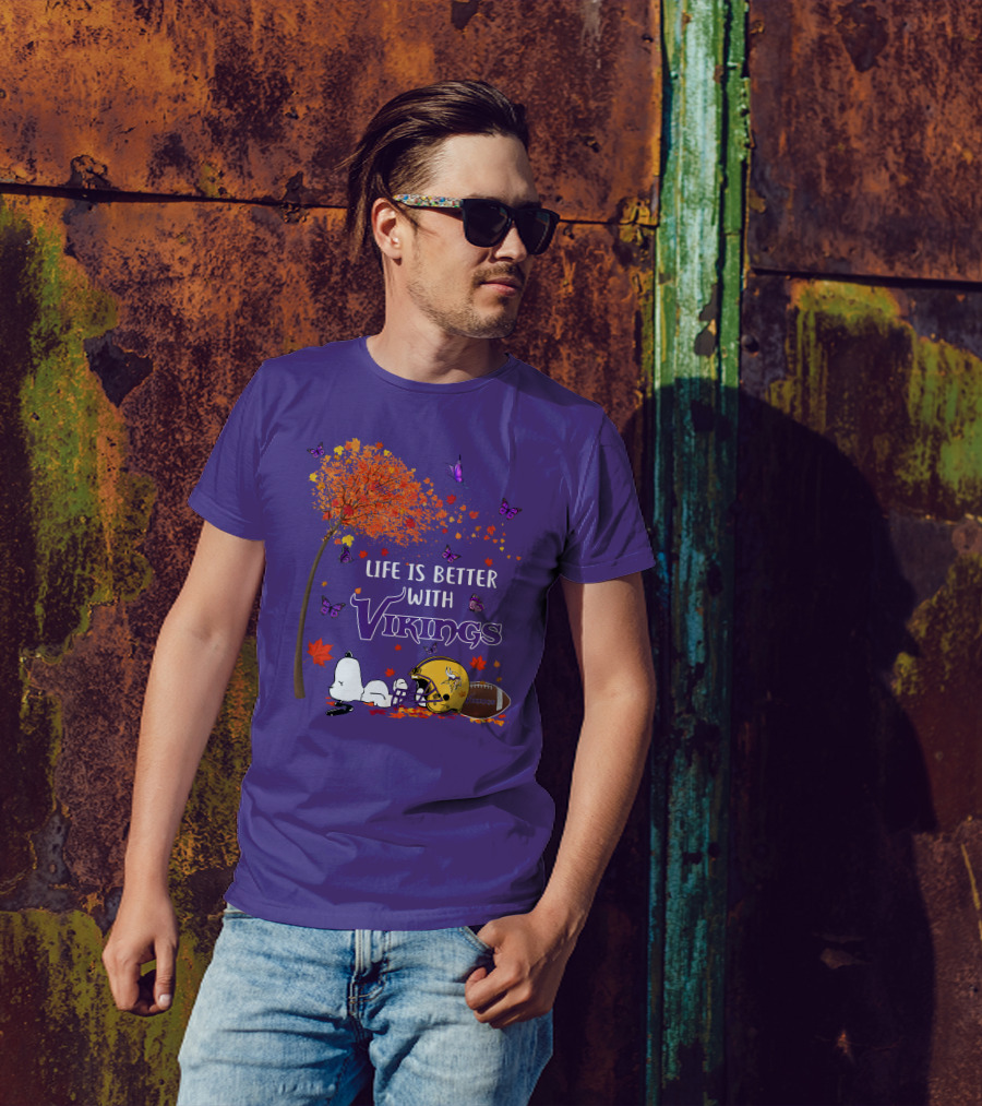 Life Is Better With Vikings Football And Autumn Leaves T-Shirt