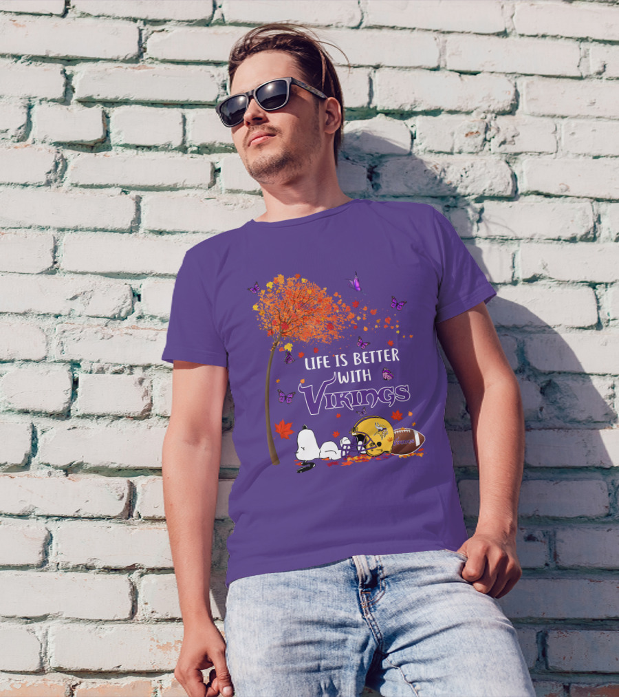 Life Is Better With Vikings Football And Autumn Leaves T-Shirt