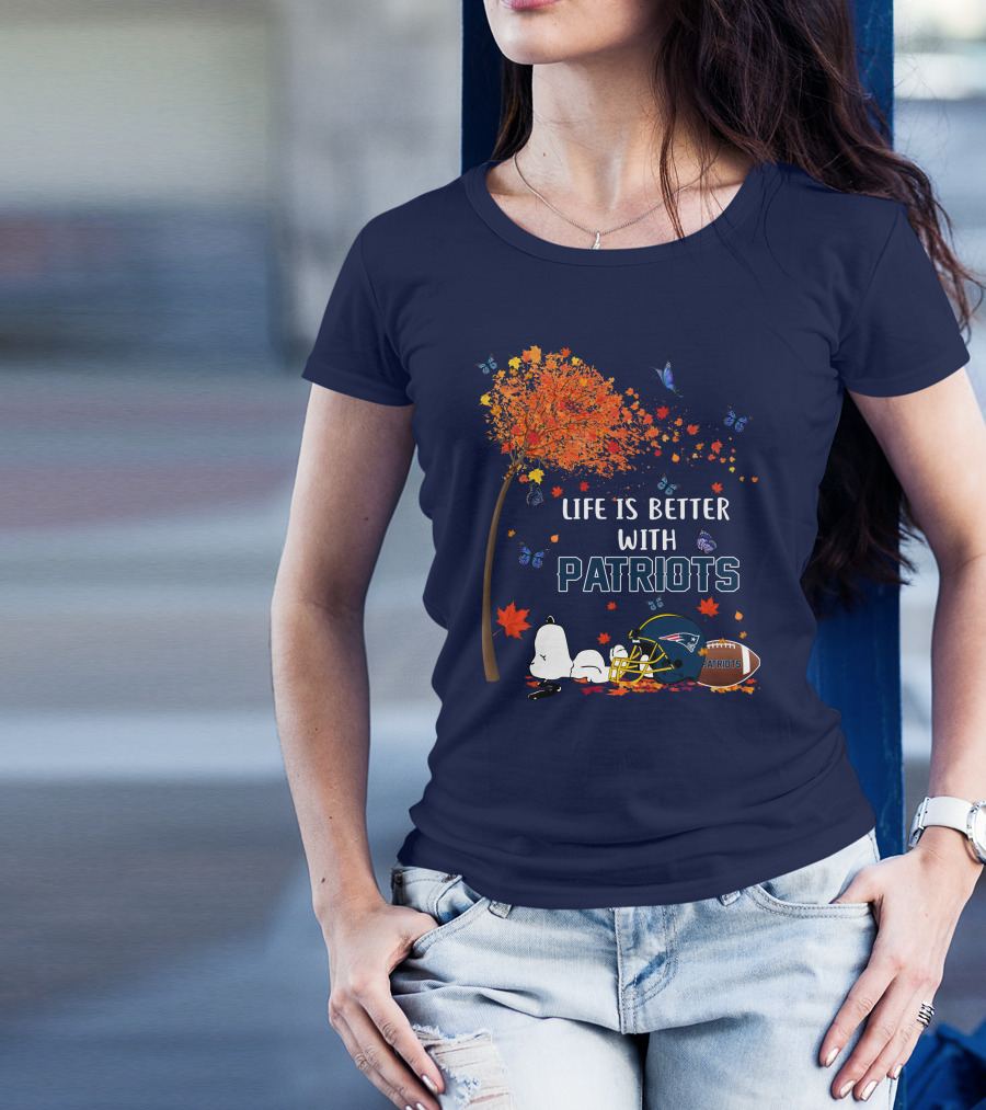 Life Is Better With Patriots New England Football Autumn Tree Butterfly T-Shirt