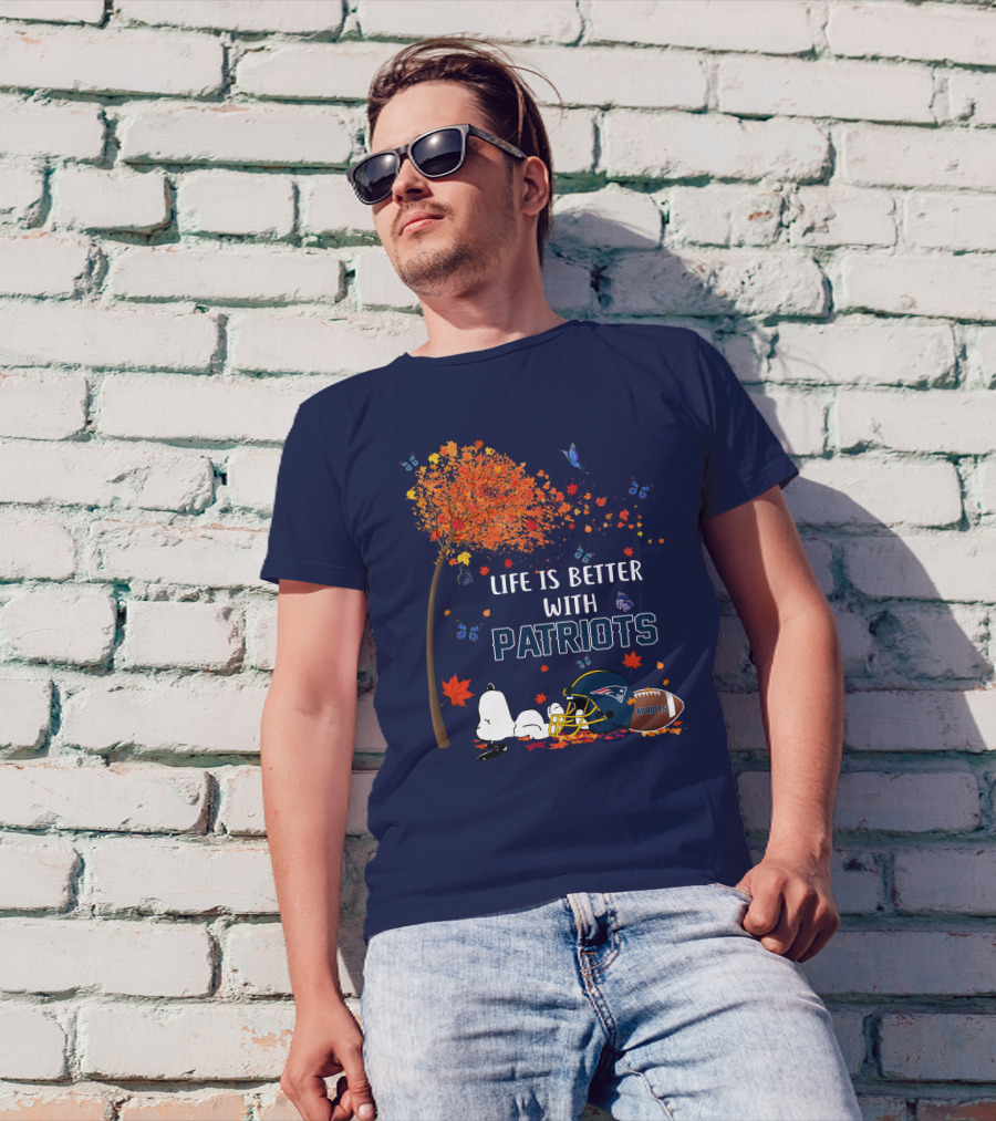 Life Is Better With Patriots New England Football Autumn Tree Butterfly T-Shirt