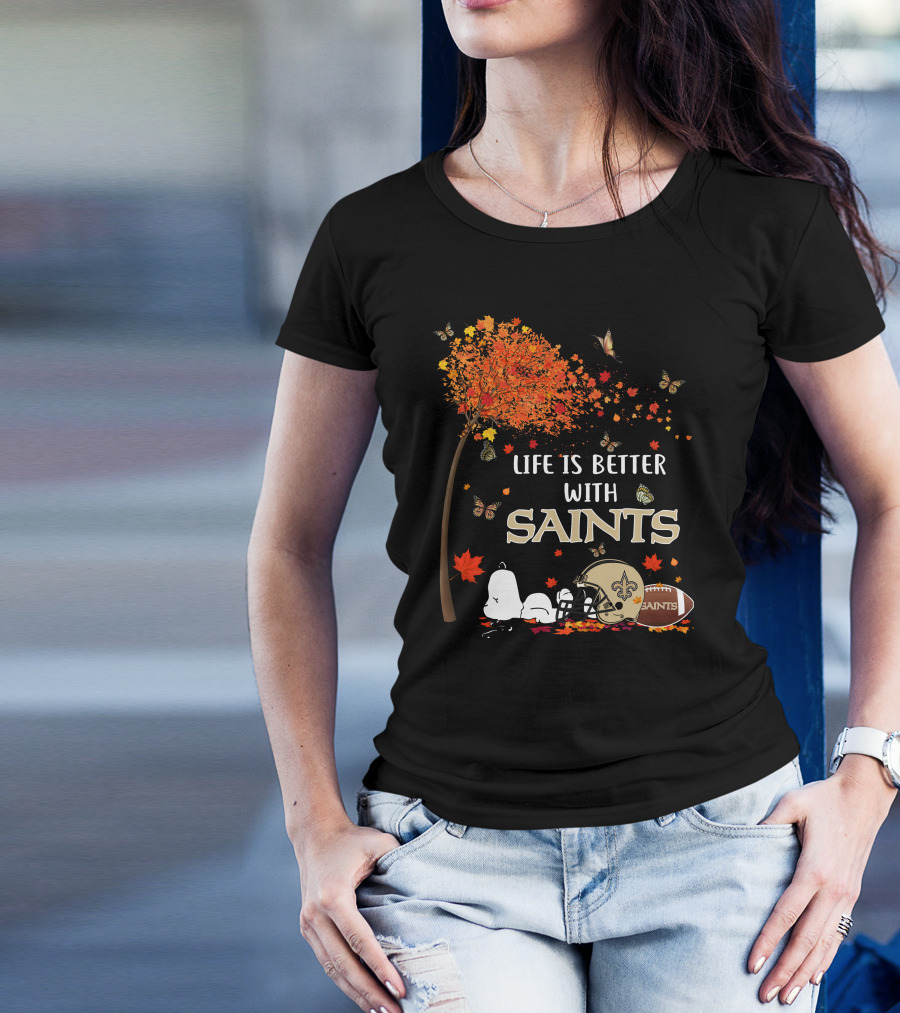 Life Is Better With Saints Autumn Leaves Football And Helmet T-Shirt