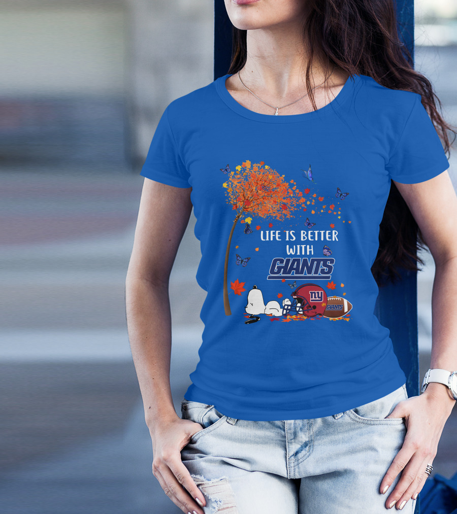 Life Is Better With Giants New York Giants Football Autumn Leaves Snoopy Butterflies T-Shirt