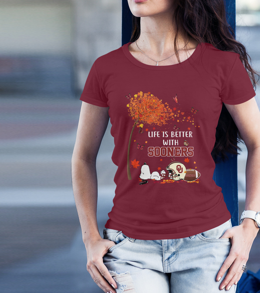 Life Is Better With Sooners Football Autumn Leaves And Butterflies T-Shirt