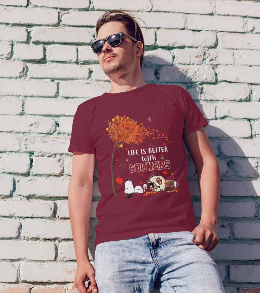 Life Is Better With Sooners Football Autumn Leaves And Butterflies T-Shirt