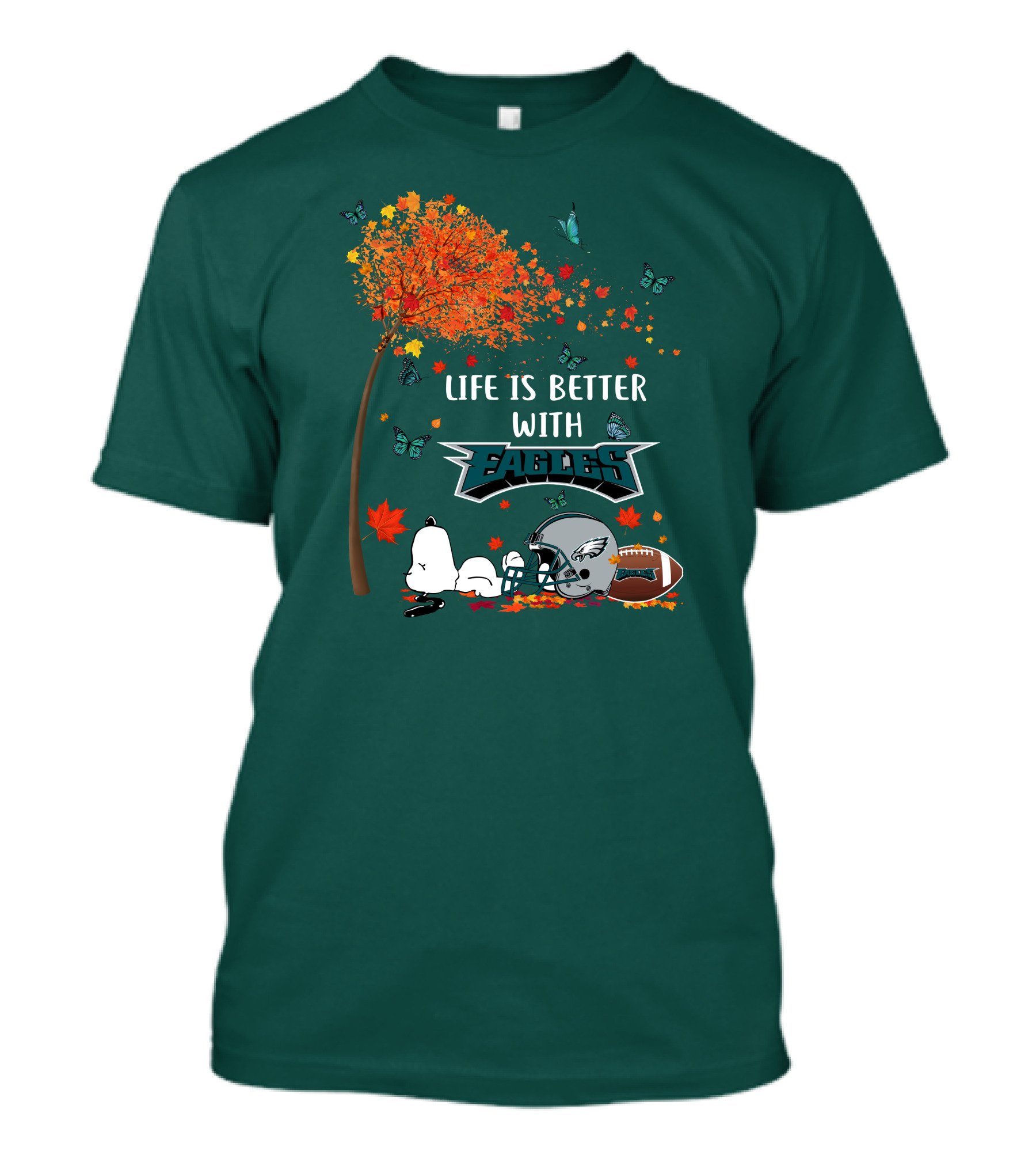 Life Is Better With Eagles Football Autumn Leaves And Butterflies T-Shirt