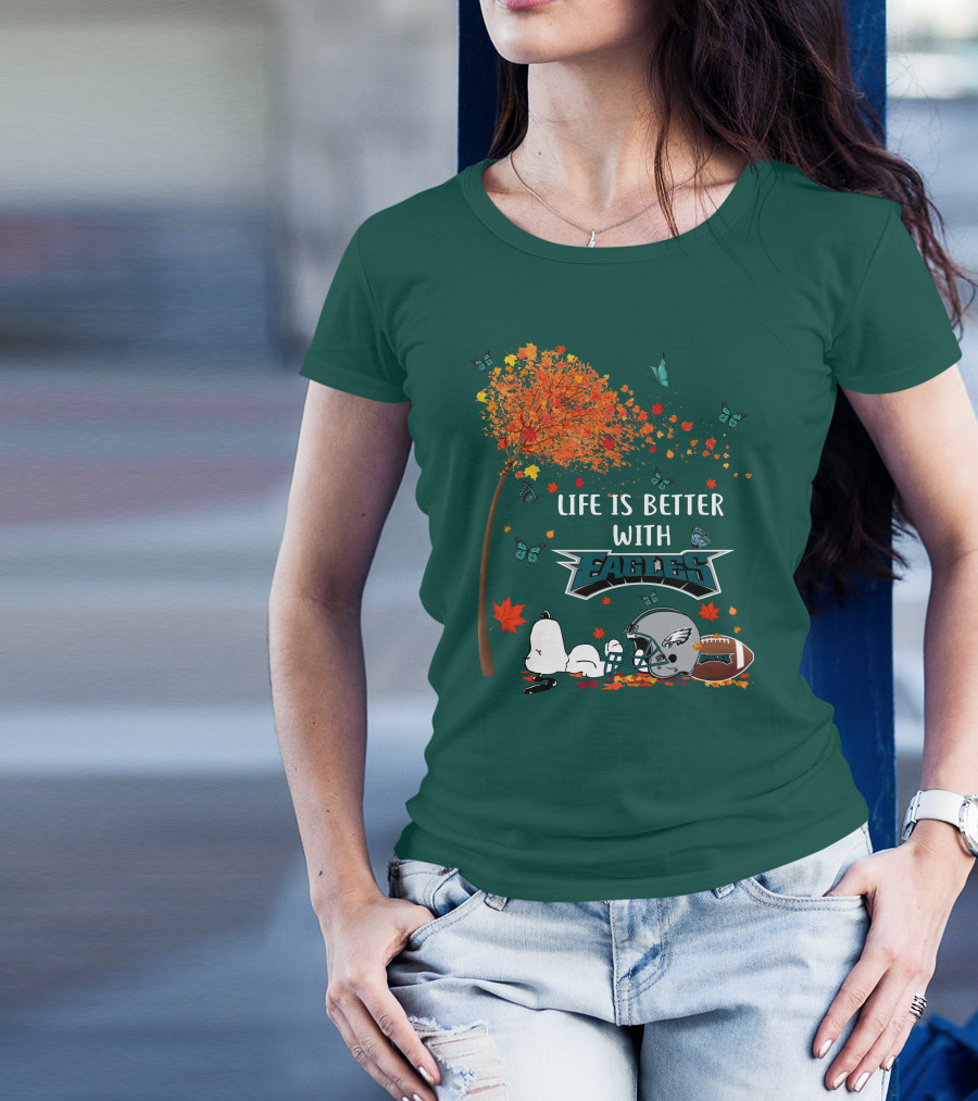 Life Is Better With Eagles Football Autumn Leaves And Butterflies T-Shirt