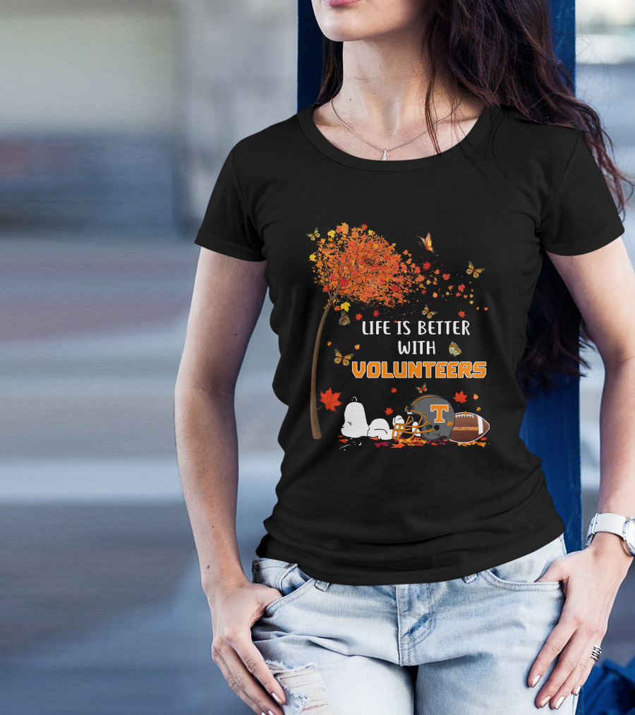 Life Is Better With Volunteers Tennessee Football Autumn Leaves And Butterflies T-Shirt