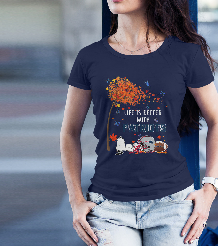 Life Is Better With Patriots New England Football Autumn Leaves And Snoopy T-Shirt