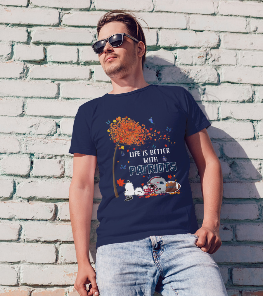 Life Is Better With Patriots New England Football Autumn Leaves And Snoopy T-Shirt