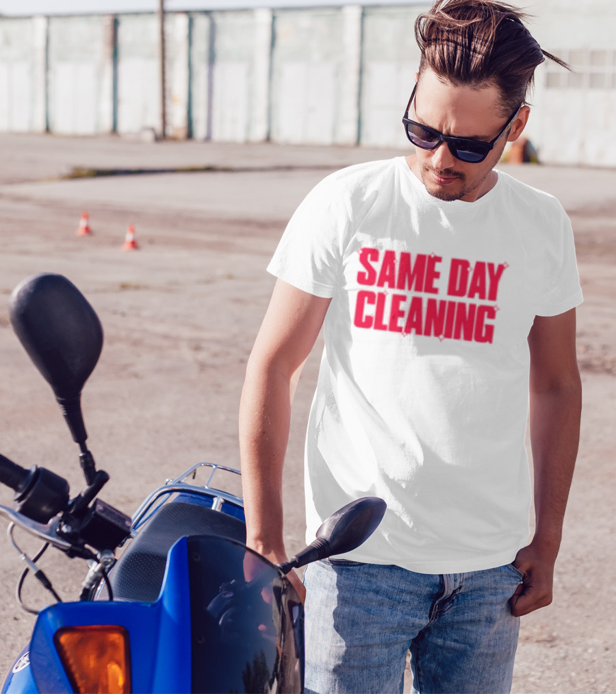 Sammy Virji Same Day Cleaning Bold Red Text T-Shirt