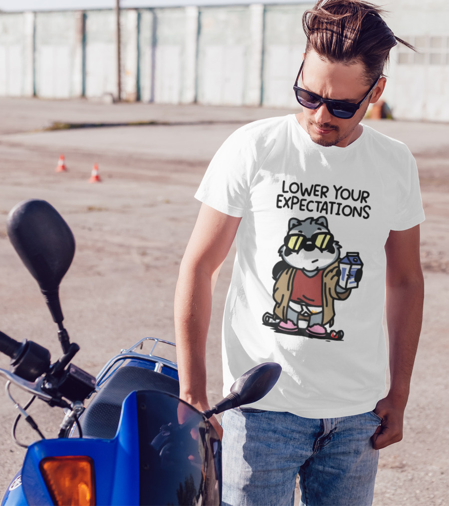 Lower Your Expectations Cartoon Character With Sunglasses And Milk Carton T-Shirt