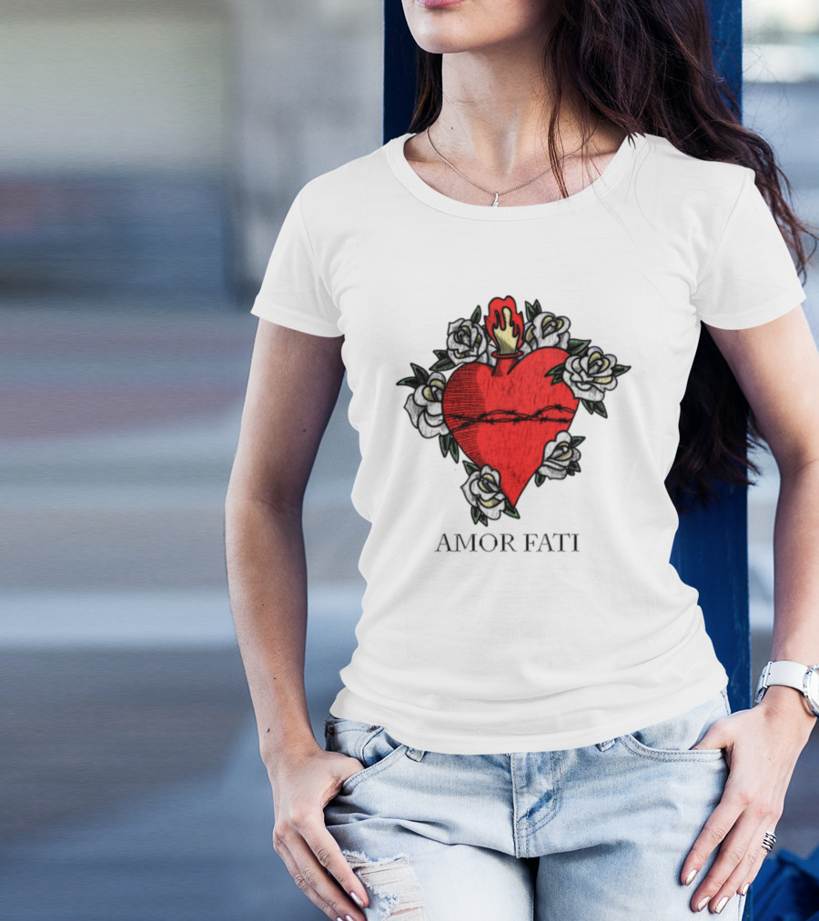 Amor Fati Sacred Heart Barbed Wire Roses Flame T-Shirt