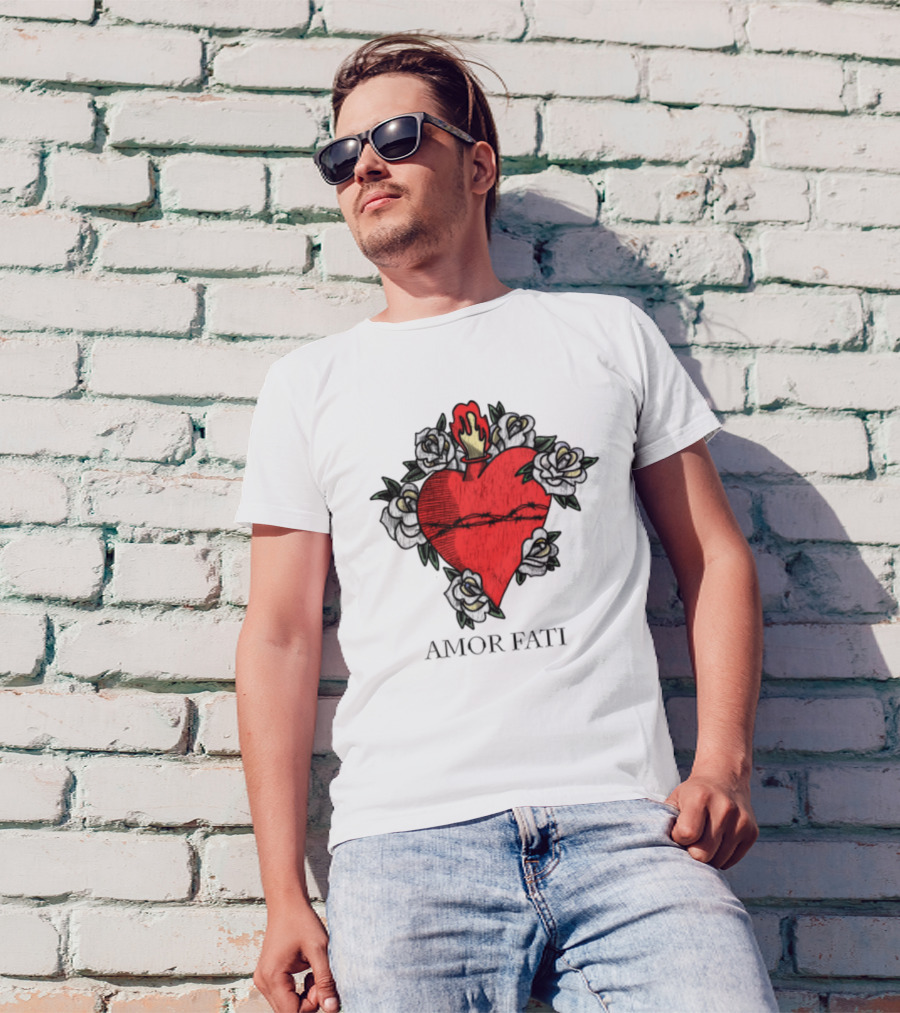 Amor Fati Sacred Heart Barbed Wire Roses Flame T-Shirt