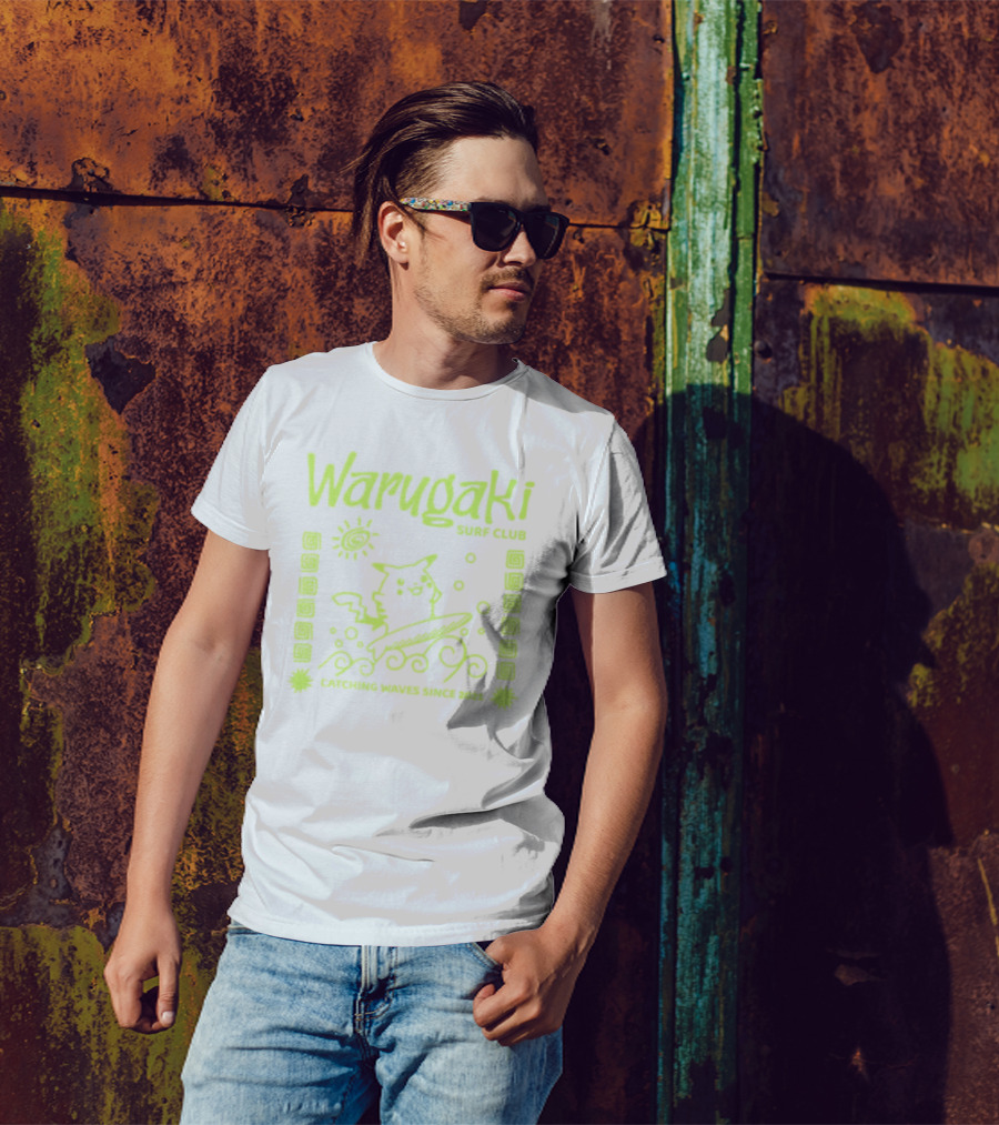 Warugaki Surf Club Pikachu Surfing Illustration Sun And Waves T-Shirt