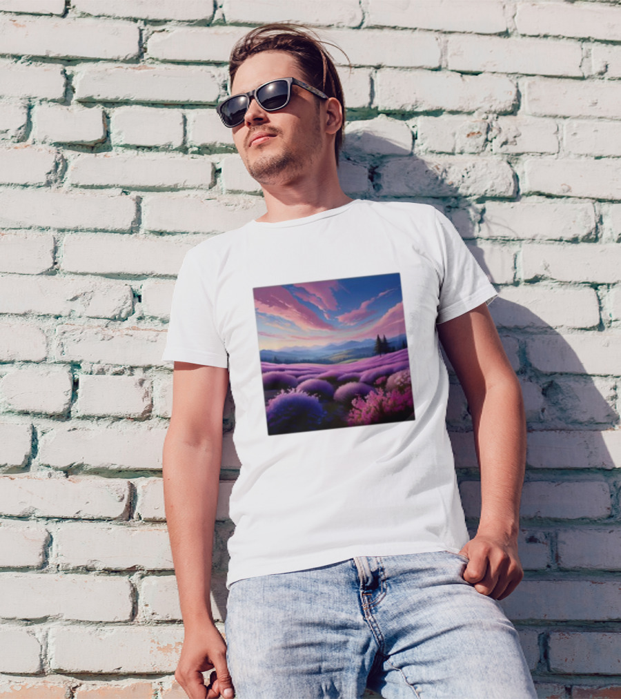 Her Radiant Bloom Lavender Sunset Landscape With Pink And Purple Sky T-Shirt