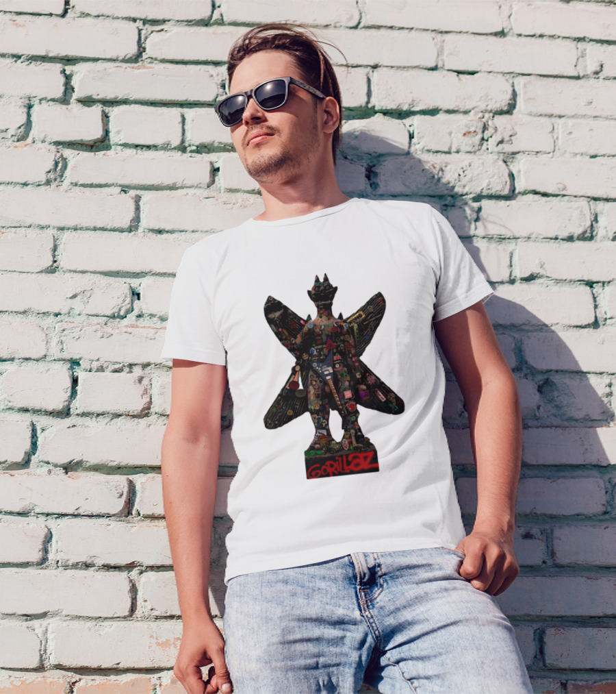 Gorillaz Iconic Pazuzu Figure With Music And Cultural Symbols T-Shirt