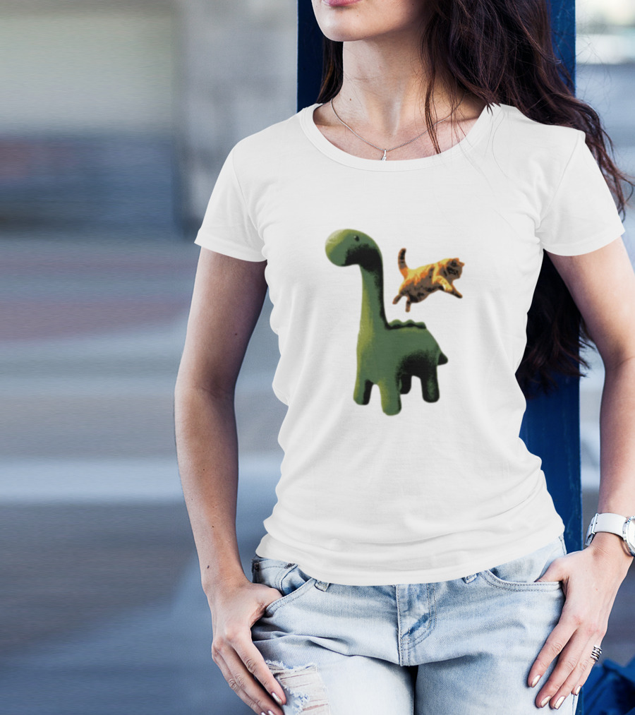 Abram Engle Kurt Dino Green Dinosaur With Leaping Orange Cat T-Shirt
