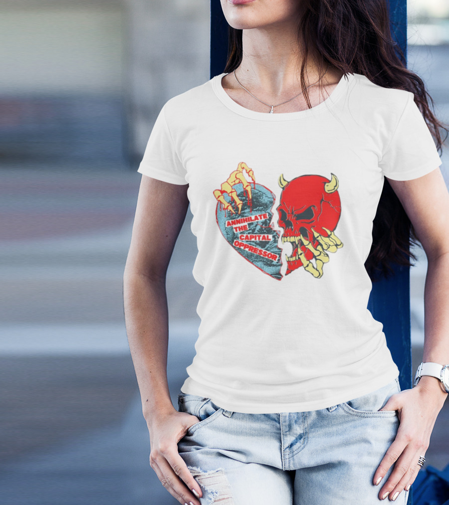 Annihilate The Capital Oppressor Red Skull And Skeleton Heart Design T-Shirt